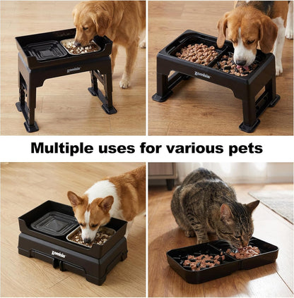 ZOMISIA 3-in-1 Elevated Dog Bowls - 6 Height Adjustable Raised Dog Bowl Stand, Double Deck Design Mess Proof, Feeding Station with 2 Stainless Steel Bowls & Licking Plate for Small Medium Large Pets