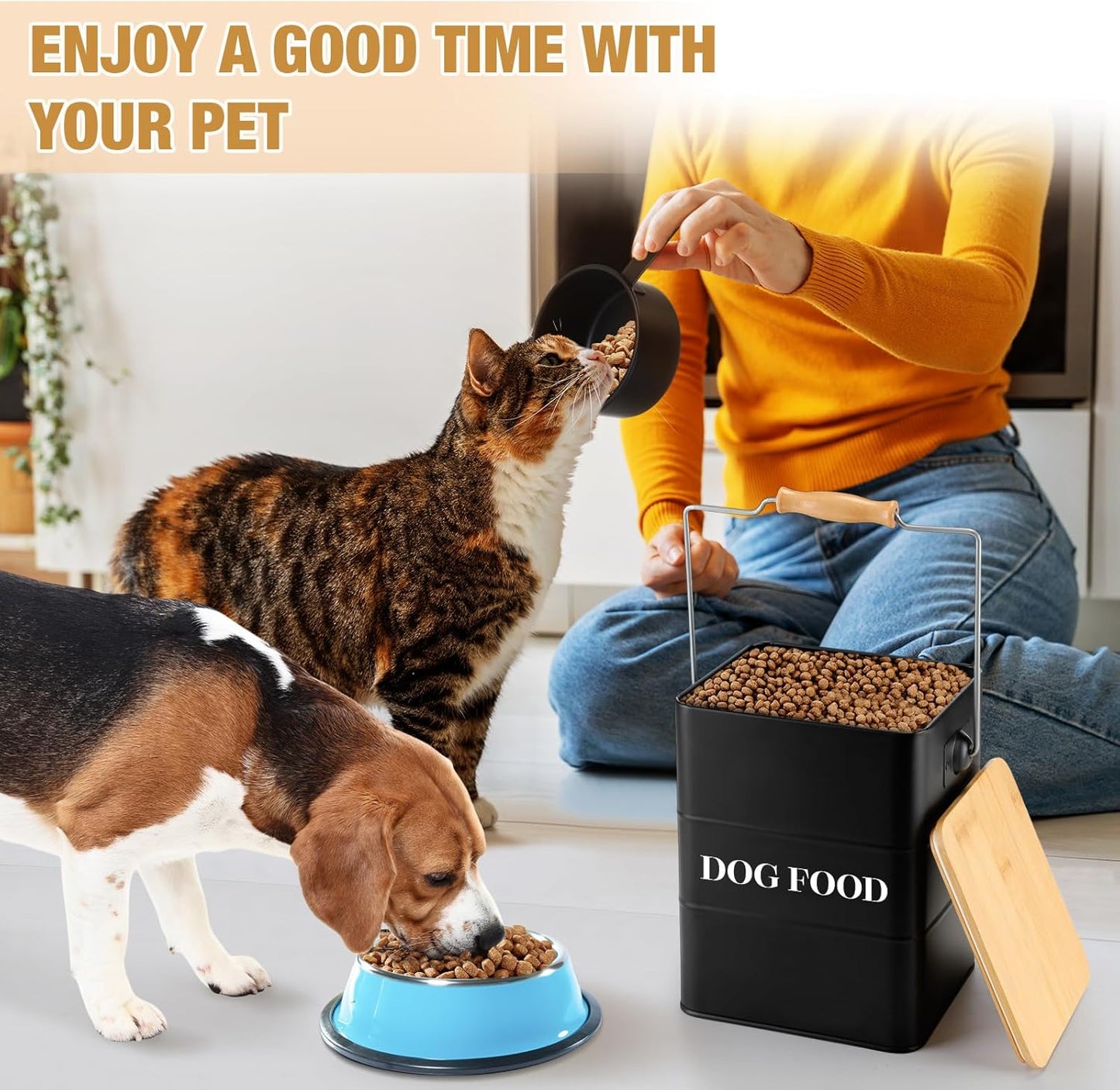 Tioncy 2 Pcs Metal Dog and Cat Food Storage Containers Big Pet Food Containers with Bamboo Lids and Spoon Airtight 5-7 Lbs Dog Cat Treat Snack Jars with DIY Labels for Kitchen Counter(White)