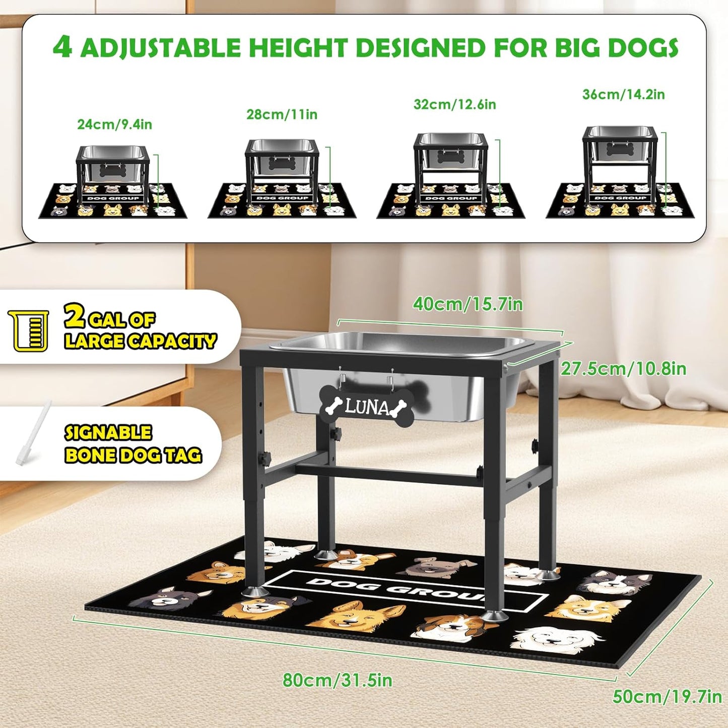 ADENGL 1.6 Gallon Elevated Dog Water Bowl for Large Dogs, 4-Height Adjustable (13–18'') Raised Stainless Steel Bowl with Spill-Proof Mat & Sturdy Metal Stand, Easy-Clean Feeder for Indoor/Outdoor Use