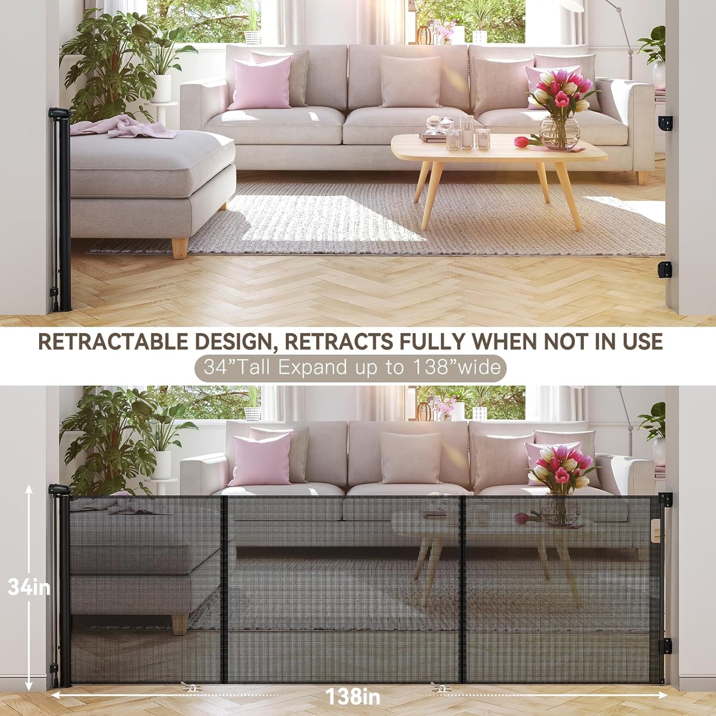 Uamector 138-Inch Extra Wide Retractable Baby Gate & Dog Gate, Reinforced Mesh Safety Gate Adjustable for Large Openings - Stairs, Doorways, Hallways - Indoor/Outdoor Use