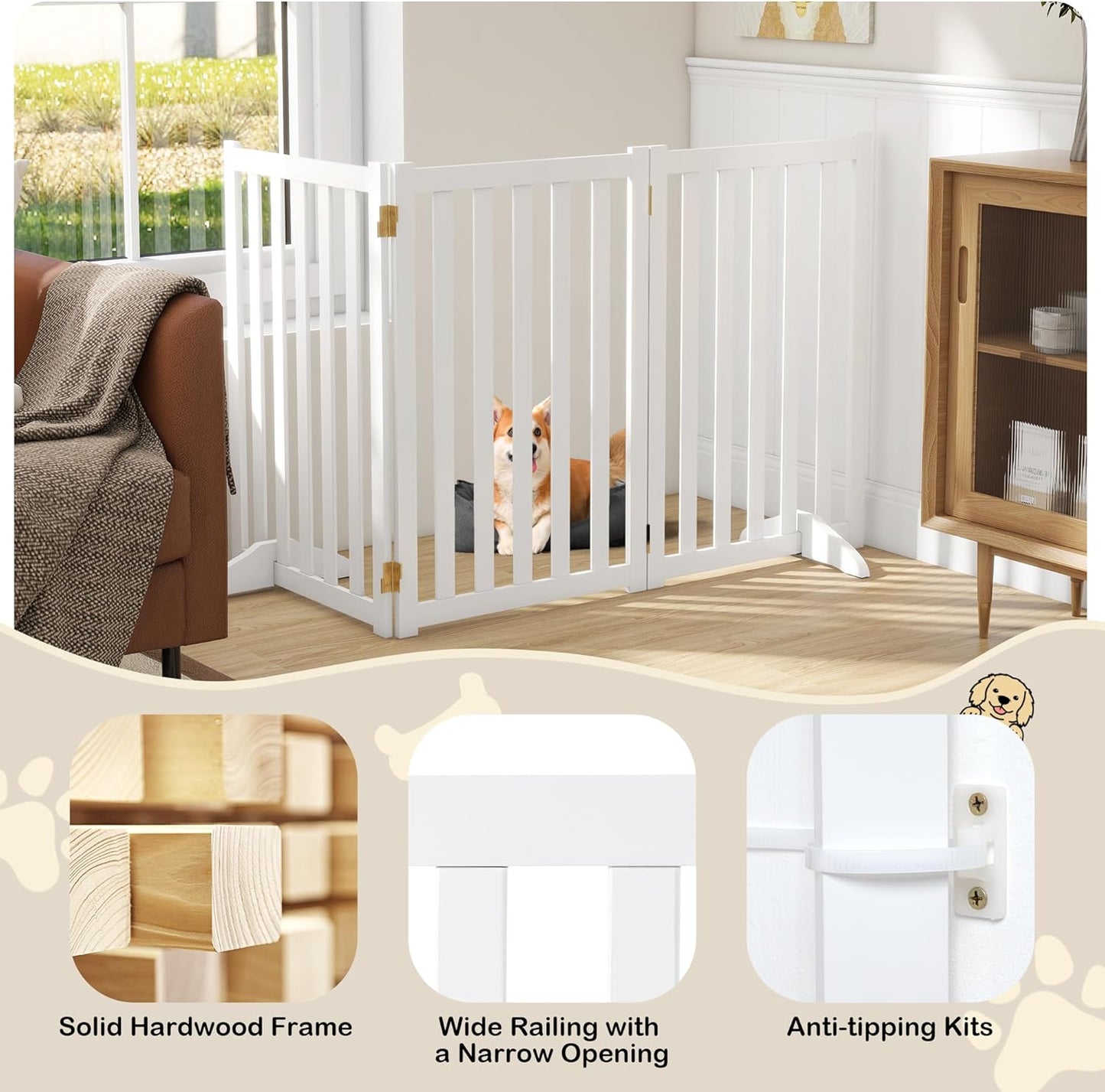 36" Height Extra Tall Freestanding Pet Gate, Solid Wood Folding Safety Fence Wooden Dog Gate with 2 PCs Support Feet Ideal for Stairs, Doorways, Halls, Kitchens, Heavy Duty Gates, 3 Panels, Oak