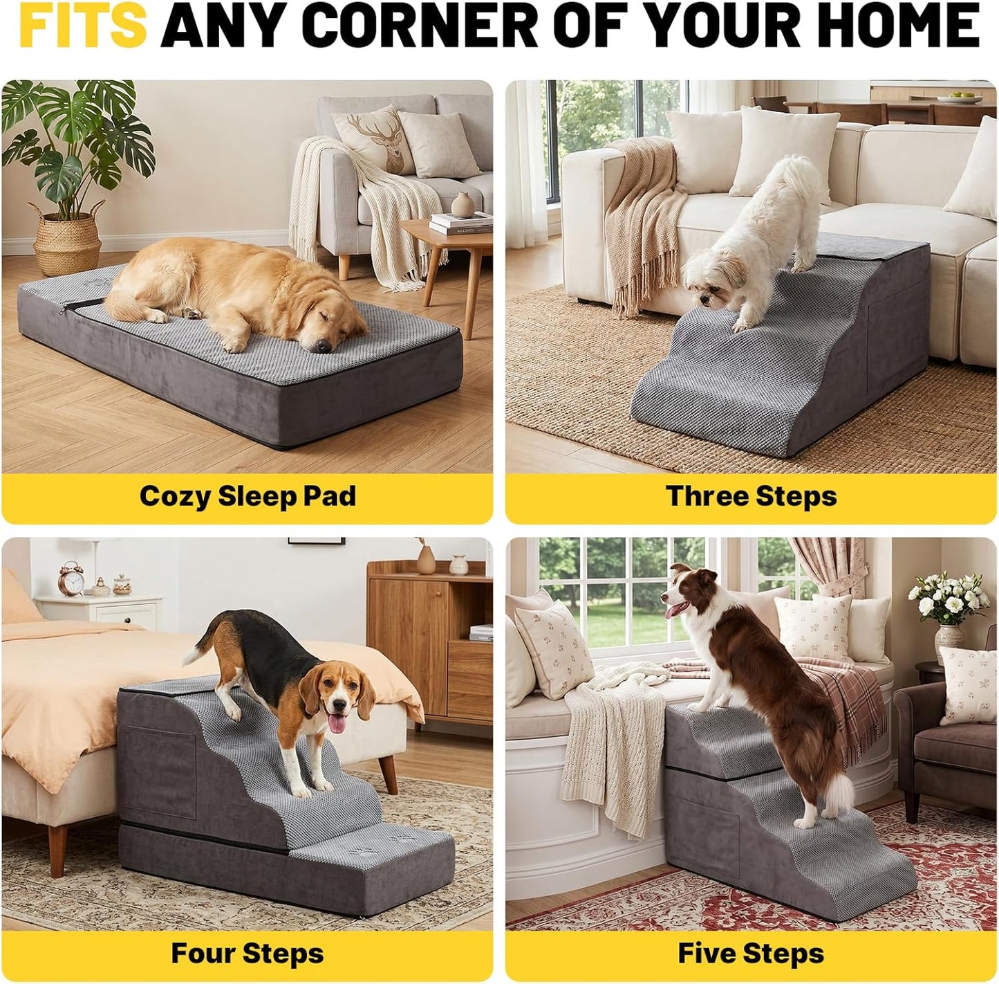Large Dog Stairs – Extra Large Dog Steps for Bed, Couch & Car, 6-Step Pet Steps for Puppies & Senior Dogs, Pet Stairs with Washable Cover, Side Pockets, Non-Slip Bottom, 43.3" L x 19.7" W Grey