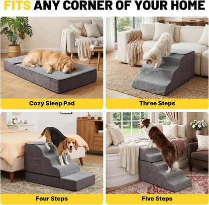 Large Dog Stairs – Extra Large Dog Steps for Bed, Couch & Car, 6-Step Pet Steps for Puppies & Senior Dogs, Pet Stairs with Washable Cover, Side Pockets, Non-Slip Bottom, 43.3" L x 19.7" W Grey