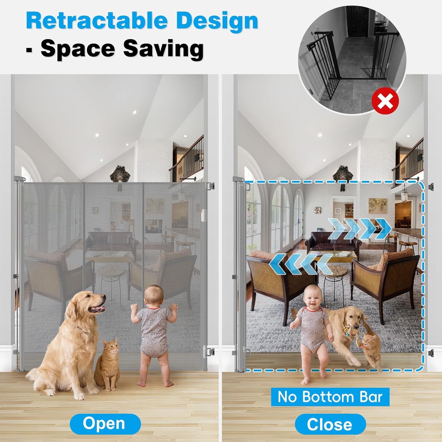 Reinforced 52" Extra Tall Dog Gate for Doorway, Jump-Resistant & Prevent Crawling Underneath Retractable Dog Gates Indoor, 0-55" W Retractable Baby Gate for Doorway, Safety Extra Tall Cat Gate, White
