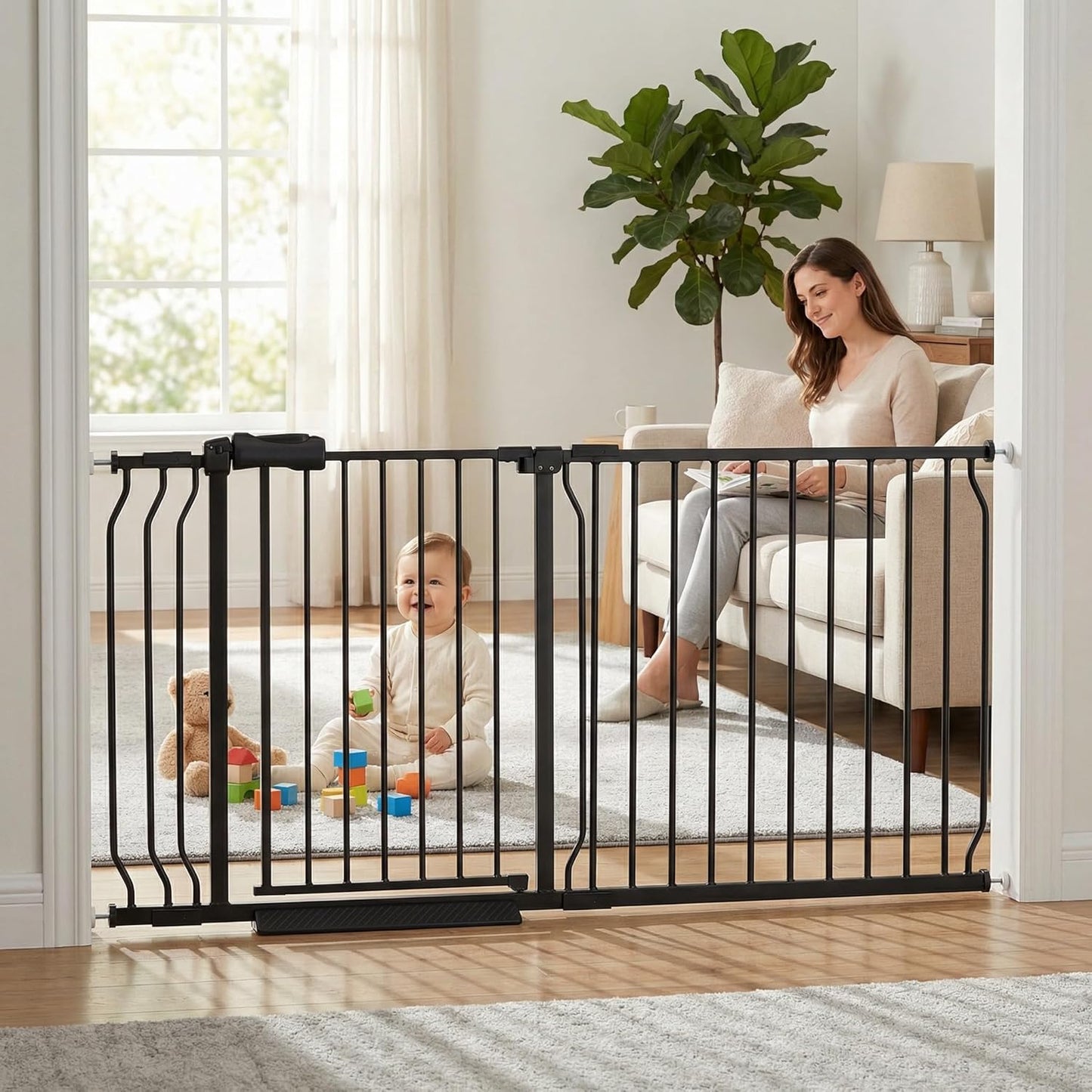 Extra Wide Baby Gate Tension Indoor Safety Gates Black Metal Large Pressure Mounted Pet Gate Walk Through Long Safety Dog Gate for The House Doorways Stairs (62.2"-66.93"/158-170CM, Black)