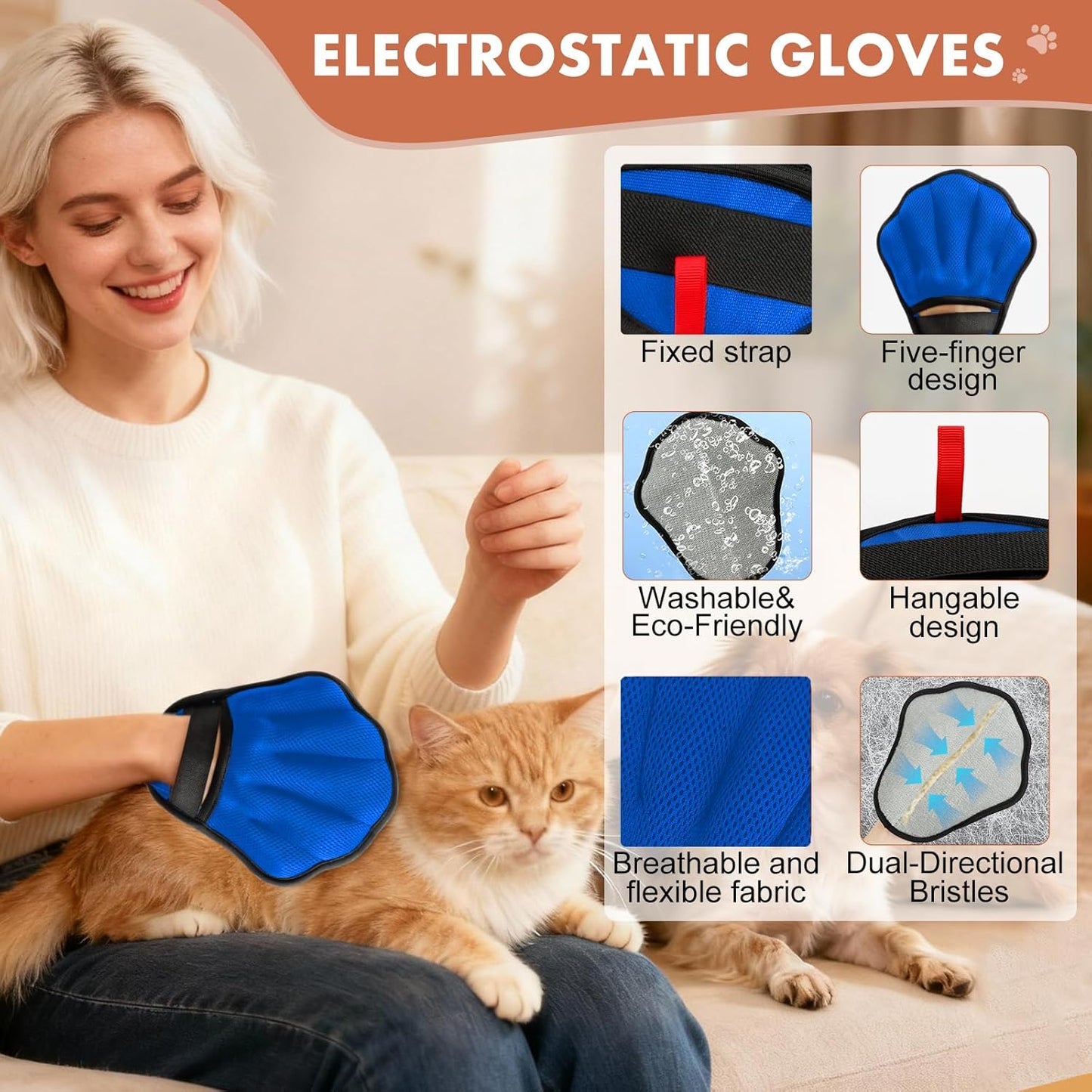 Pet Hair Removal Glove, Electrostatic Pet Hair Remover Glove for Cats & Dogs, Pet Hair Remover Tool for Laundry, Couch, Carpet, Car Seat - Upgraded Five-Finger, Reusable, Black+Black