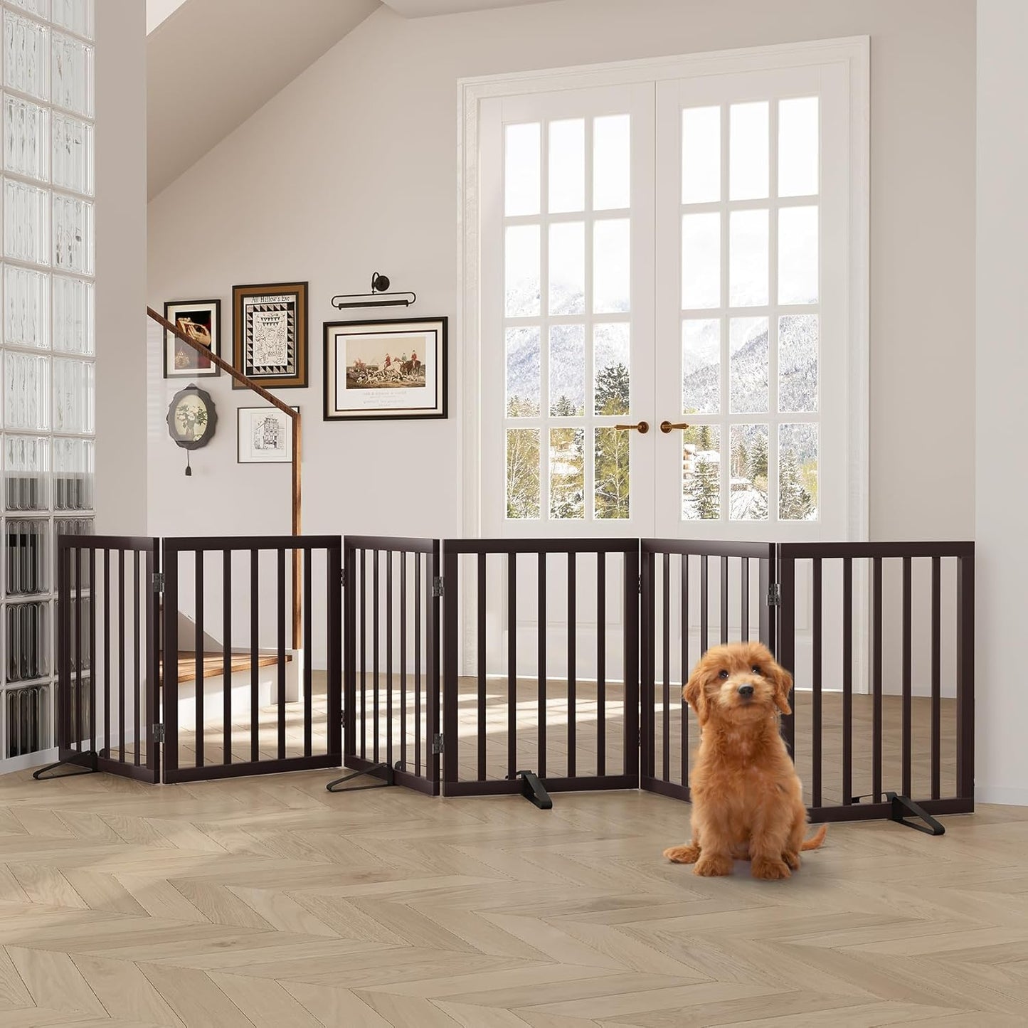 Freestanding Dog Gates Indoor, 3-Panel Pet Gates with 2 Metal Stands and 360° Hinge, 24" H Foldable Dog Gate for Stairs, Doorway, Kitchen, Expands Up to 55" Fully Assembled - Black Walnut