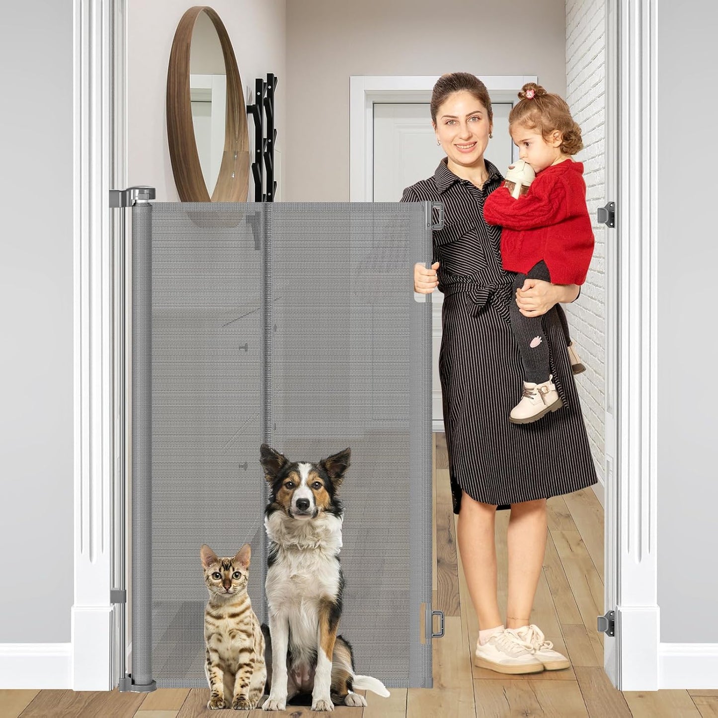 Reinforced 48" Extra Tall Pet Gate with Support Rods, 4 Ft Tall Retractable Baby Gates for Doorways 55" Wide Mesh Dog Gate Indoor Outdoor - Prevent Baby/Pet from Jumping Over, Black