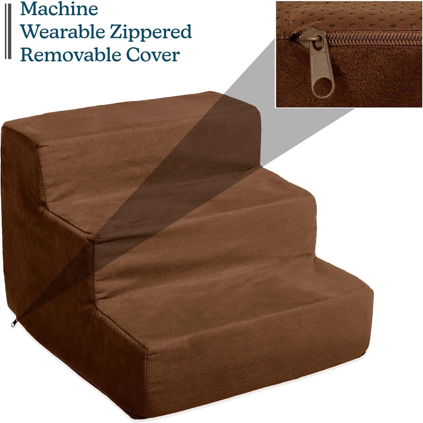 3-Step Pet Stairs - Nonslip Foam Dog and Cat Steps with Removable Zippered Microfiber Cover - 2-Tone Design for Home or Vehicle Use by PETMAKER (Tan)