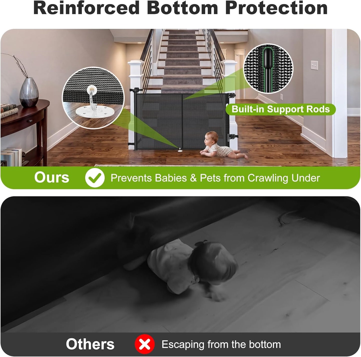 Reinforced Retractable Baby Gate for Stairs & Banister, 55" Wide Mesh Dog Gate, One-Handed Dual Lock Safety Gate for Kids & Pets, Fits Round & Square Posts (Black)