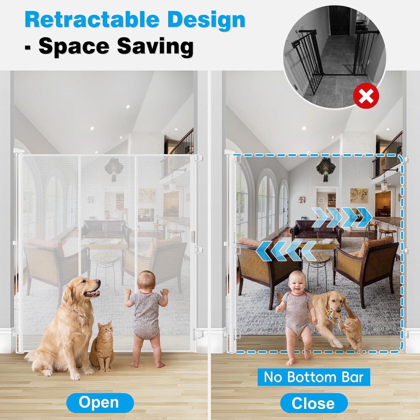 Reinforced 65" Extra Tall Pet Gate for Doorway, Jump-Resistant & Prevent Crawling Underneath Retractable Baby Gates Extra Tall, 0-55" W Retractable Dog Gate for Pet, Dogs, Cats, Puppies, Babies, Black