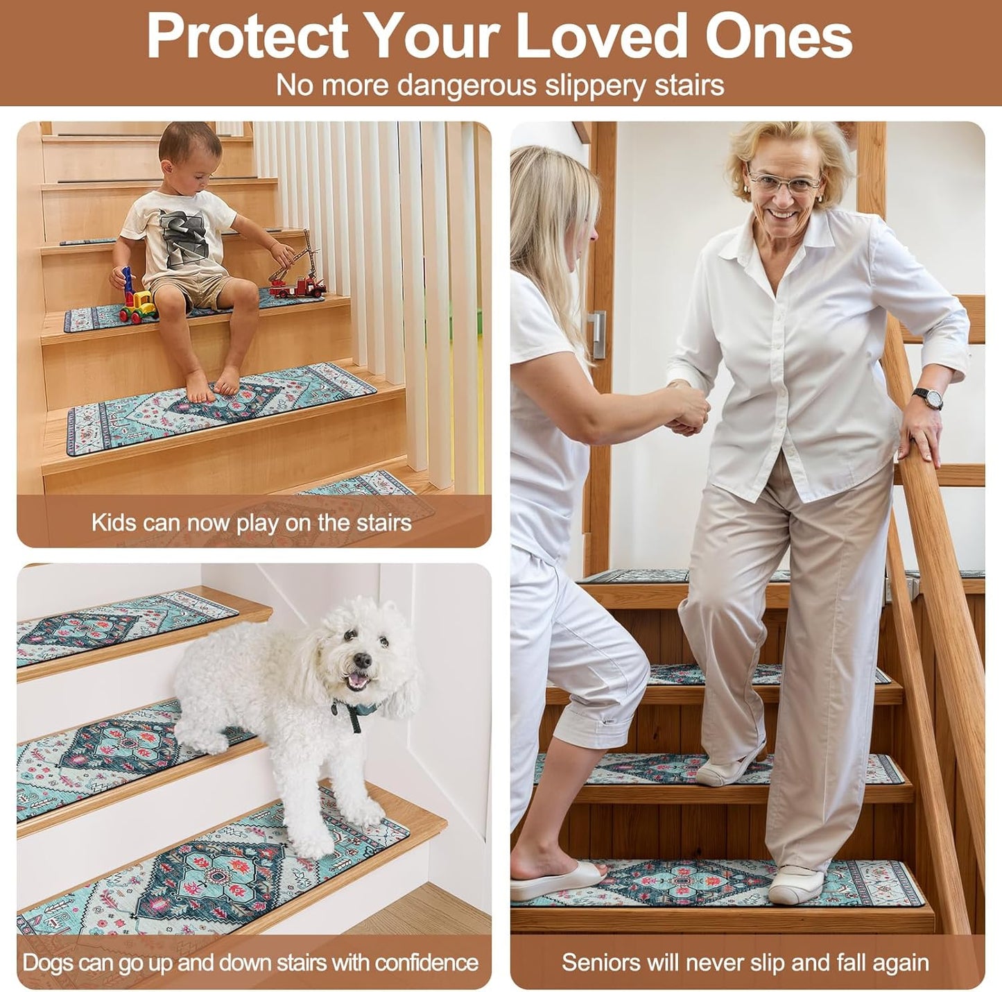 OJIA Non-Slip Carpet Stair Treads for Wooden Steps Set of 15, 30''X8'' Indoor Runner Resistant Rugs Rubber Safety Mats for Dogs, Kids & Elders, Stairway Grip
