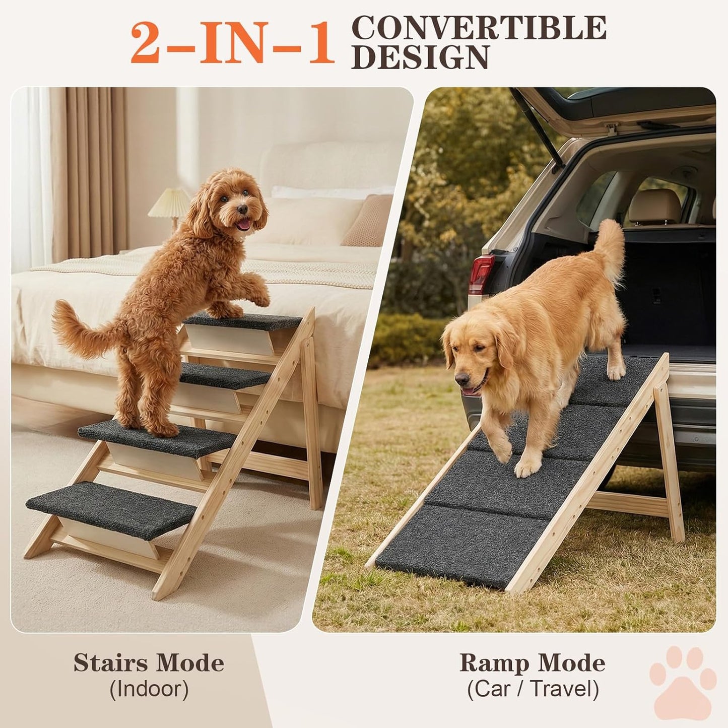 Dog Ramp, Durable Pet Stairs for High Beds, 2-in-1 Foldable Wooden Dog Steps for Couch and Car, Joint-Friendly Stairs for Senior Dogs, Non-Slip Carpeted Pet Steps with High-Weight Capacity