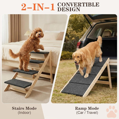 Dog Ramp, Durable Pet Stairs for High Beds, 2-in-1 Foldable Wooden Dog Steps for Couch and Car, Joint-Friendly Stairs for Senior Dogs, Non-Slip Carpeted Pet Steps with High-Weight Capacity