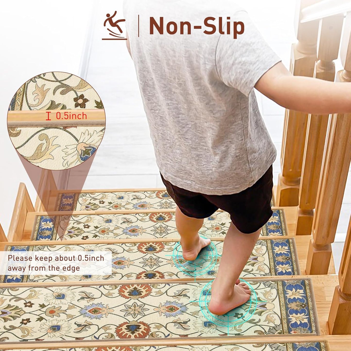 Stair Treads for Wooden Steps Indoor, 15 Pack 8" X 30" Non Slip Carpet Stair Treads with Reusable Adhesive for Kids Elders and Dogs, TPR Backing Stair Rugs Oriental Staircase Step Treads,Bohemia