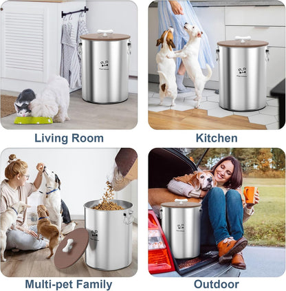 Paw Libero 25 Lbs Stainless Steel Dog Food Storage Container with Airtight Wooden Lid & Ceramic Bone Handle, Large Metal Dog Food Bin for Dogs & Cats, Keep Fresh, Easy to Clean