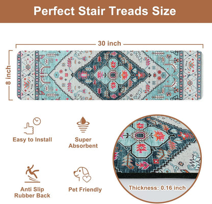 OJIA Non-Slip Carpet Stair Treads for Wooden Steps Set of 15, 30''X8'' Indoor Runner Resistant Rugs Rubber Safety Mats for Dogs, Kids & Elders, Stairway Grip