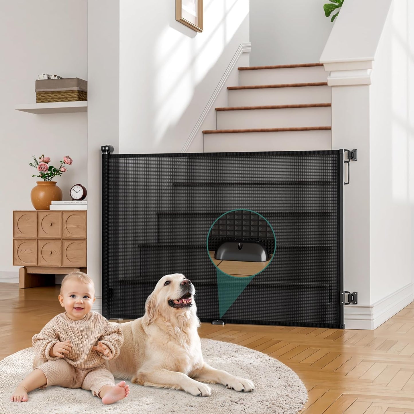 Babepai Retractable Baby Gates Extra Wide | 55" Wide x 34" Tall Dog Gates for Stairs | Indoor/Outdoor Use | Child Gates for Doorways, Deck, Porch, Hallways, Patio - Gray