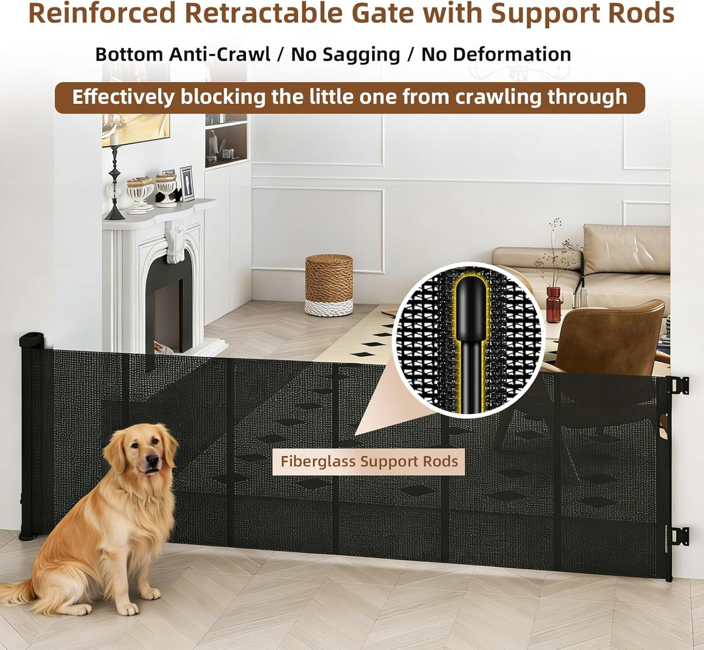 Retractable Baby Gate, 55 in Wide x 33 in Tall Mesh Dog Gate, Hardware Mounted Safety Gate with Double Lock for Doorways, Hallways, Indoor Outdoor, White