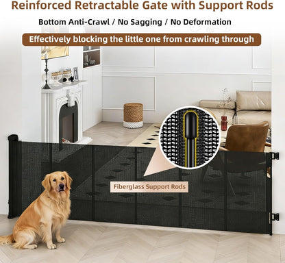 Retractable Baby Gate, 55 in Wide x 33 in Tall Mesh Dog Gate, Hardware Mounted Safety Gate with Double Lock for Doorways, Hallways, Indoor Outdoor, White