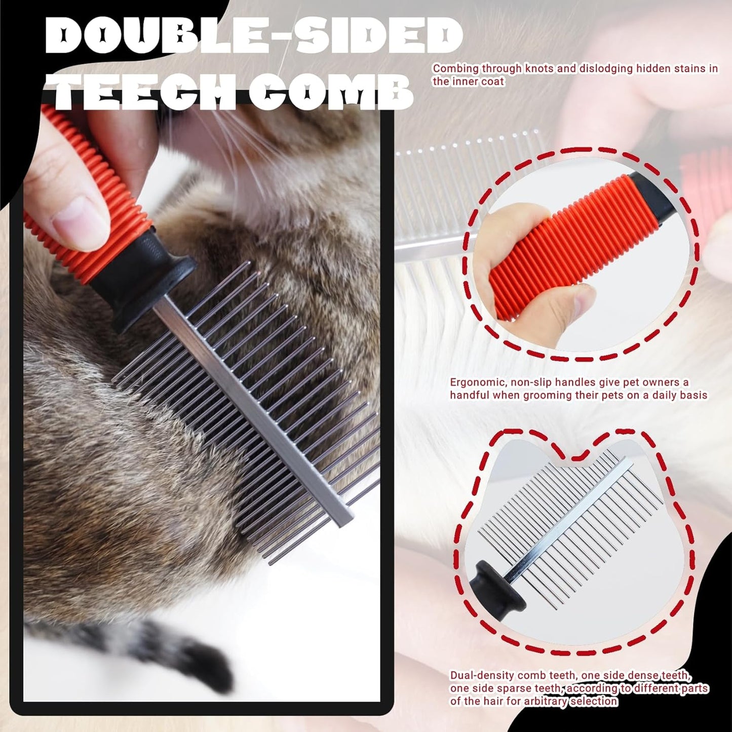 3-Pack Long-Tooth Pet Brush Set - Dog Rake Brush & Steel Shedding Comb & Double-Sided Teech Comb for Double Coat Large Dogs, Horses