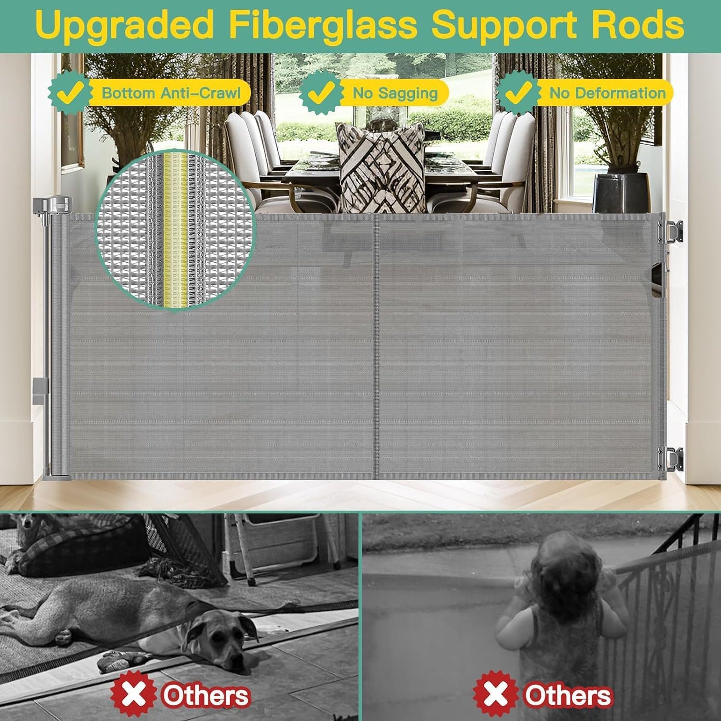 96 Inch Wide Reinforced Retractable Baby Gate with Support Rods, Extra Long Dog Gate Retractable Gate Outdoor Gates for Decks, Prevent Crawling Under Extra Long Baby Gates for Large Openings, Black
