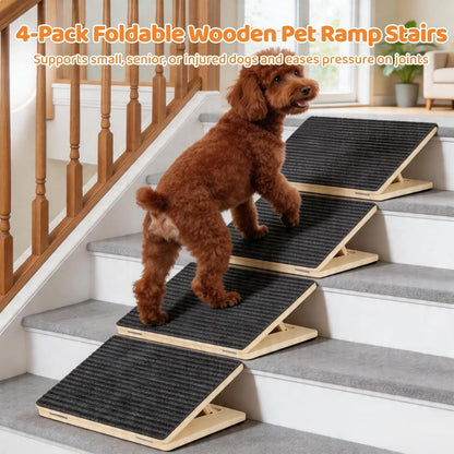 4 Pcs Wooden Dog Ramp for Stairs - Portable Adjustable 15°/25°/35° Angle Pet Ramps for Stairs with Anti-Slip Surface & Base for Small Pets, Senior Dogs, Cats, Injured Animals