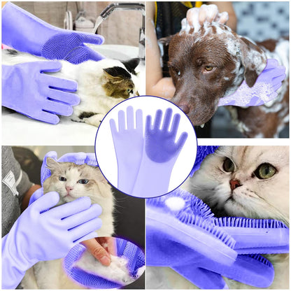 High-Density Silicone Pet Grooming Gloves with Enhanced Five Finger Design for Bathing, Massaging Dogs and Cats (Blue)