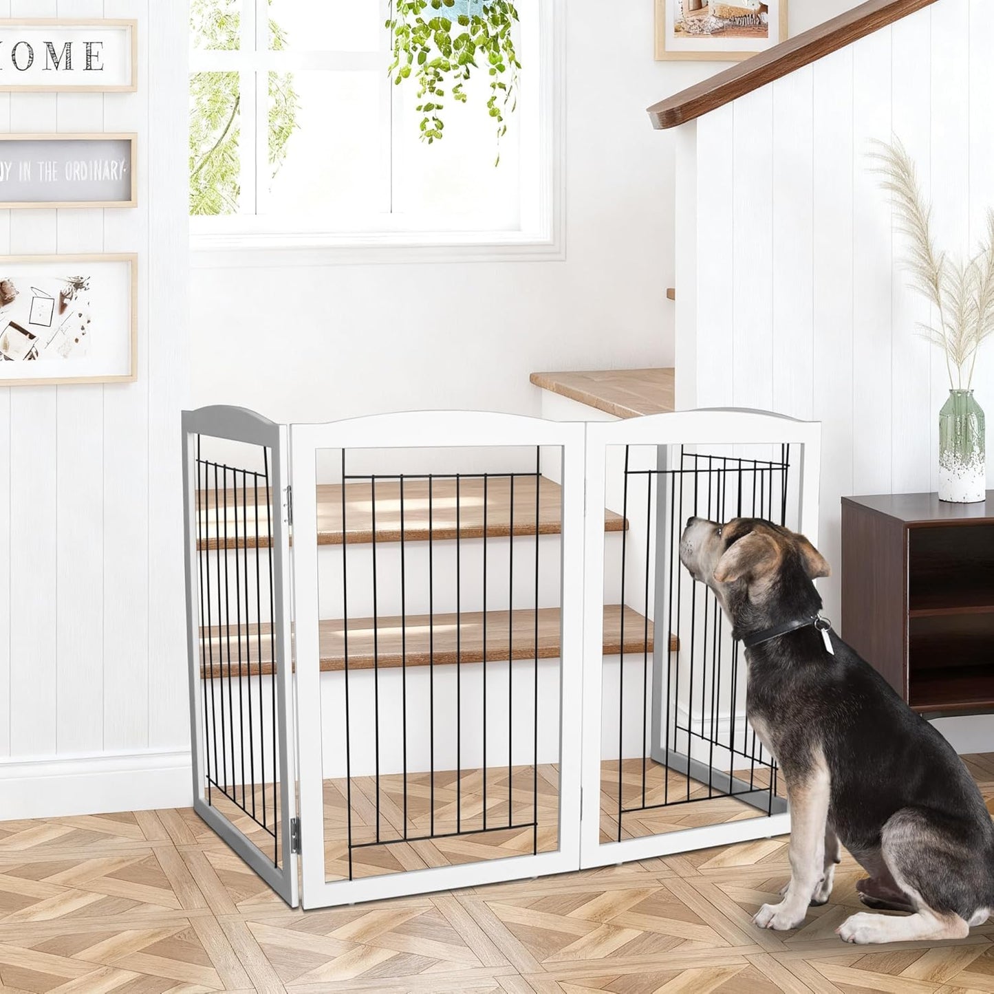 ZJSF Freestanding Foldable Dog Gate for House Extra Wide Wooden White Indoor Puppy Gate Stairs Doorways Pet Gate Tall Dog Fence 3 Panels Fence