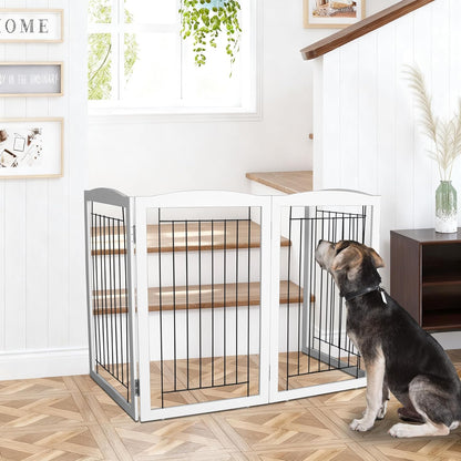 ZJSF Freestanding Foldable Dog Gate for House Extra Wide Wooden White Indoor Puppy Gate Stairs Doorways Pet Gate Tall Dog Fence 3 Panels Fence