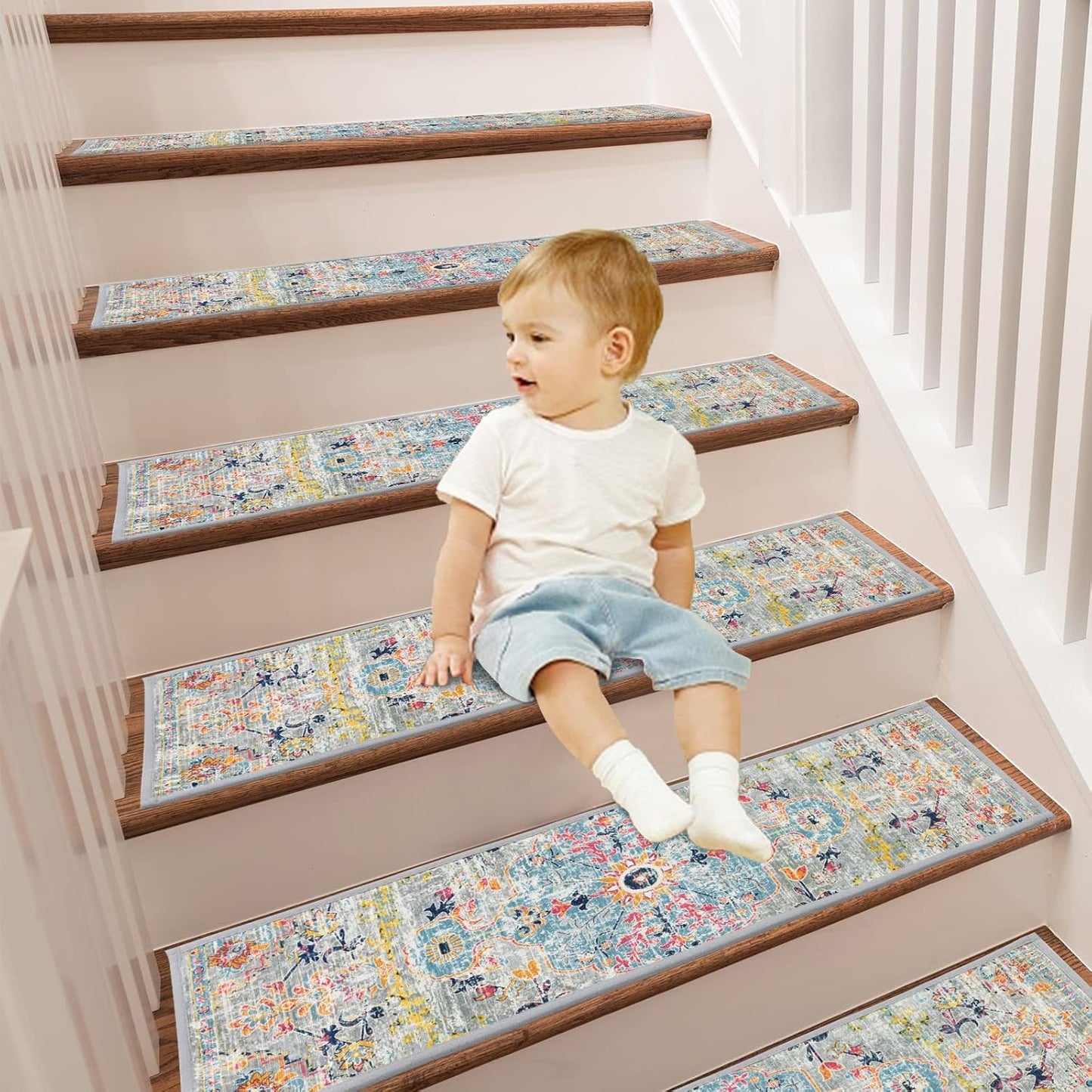 Pauwer Carpet Stair Treads for Wooden Steps Indoor 15 Pack 8" X 30" Peel and Stick Stair Treads Non Slip Staircase Step Treads Reusable Stair Runner Rugs for Dogs, Kids and Elders