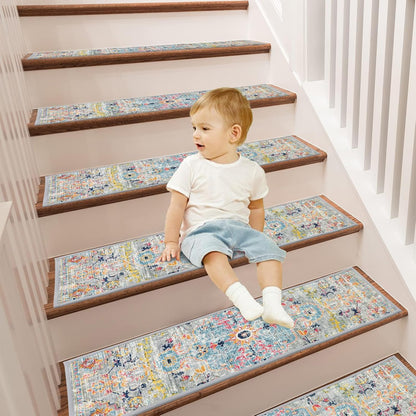 Pauwer Carpet Stair Treads for Wooden Steps Indoor 15 Pack 8" X 30" Peel and Stick Stair Treads Non Slip Staircase Step Treads Reusable Stair Runner Rugs for Dogs, Kids and Elders
