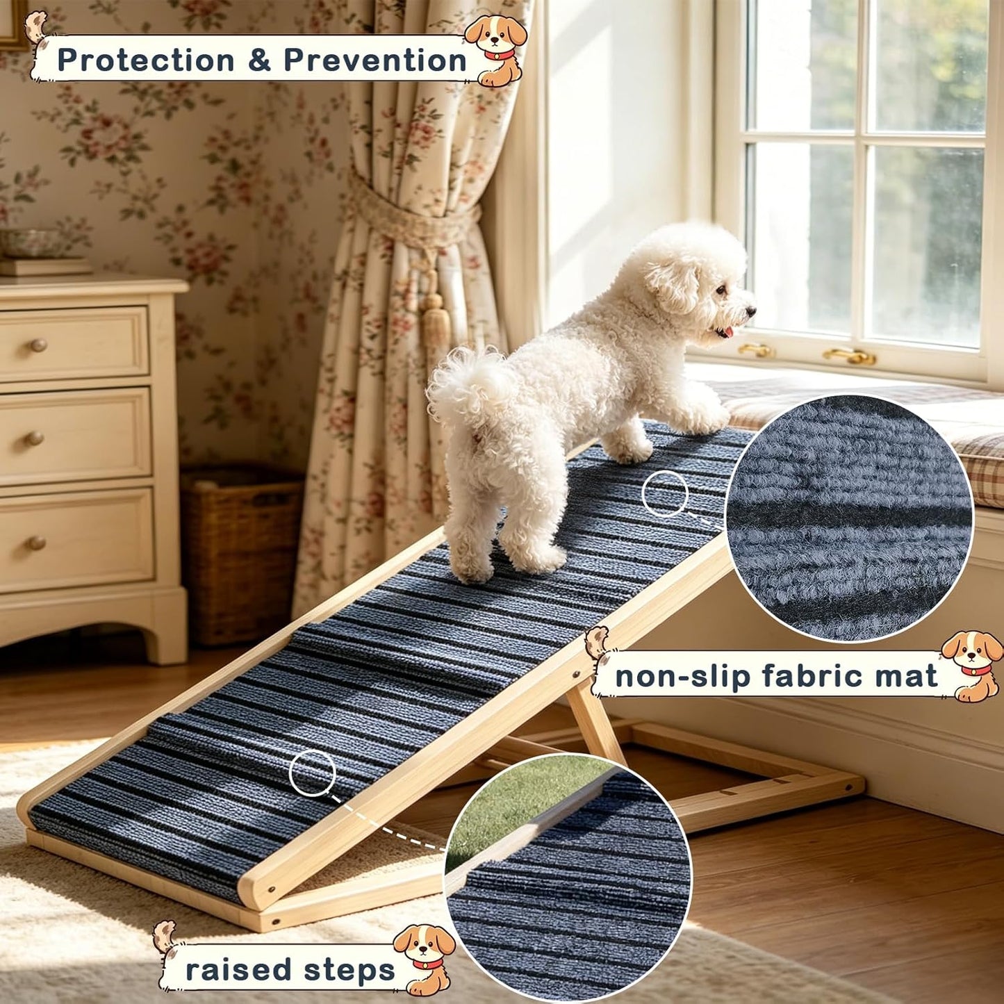 Folding Dog Ramp for Small & Medium Dogs, 39”L Wooden Pet Ramp with 4 Adjustable Heights 11”-23”, Non-Slip Dog Ramp for Bed, Couch & Car, Indoor Outdoor Travel Use
