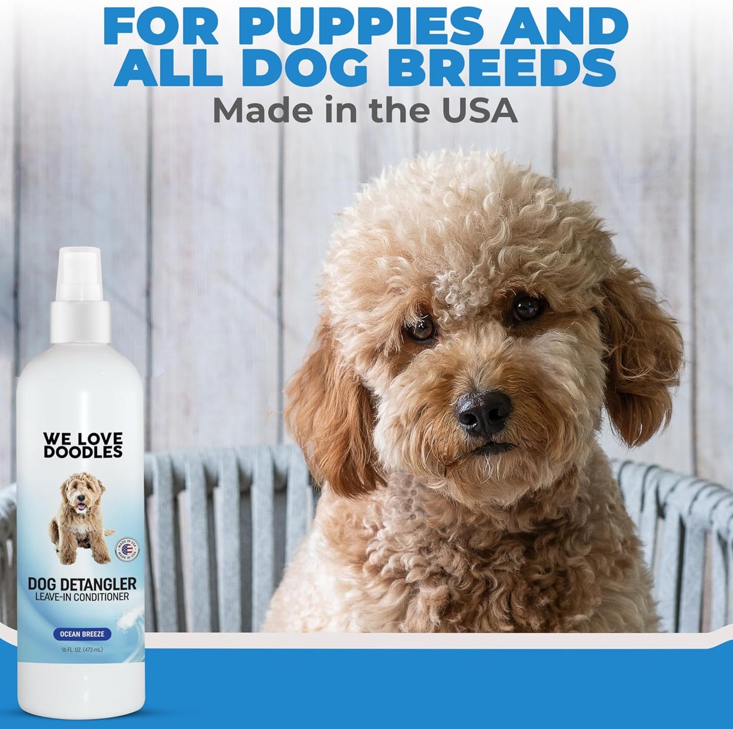 We Love Doodles Dog Detangler Spray - Leave-in Conditioner for Dogs - Dog Detangling Spray - Dematting Spray for Dogs - Tangle Remover - Made in The USA, Large 16 fl oz (Ocean Breeze)