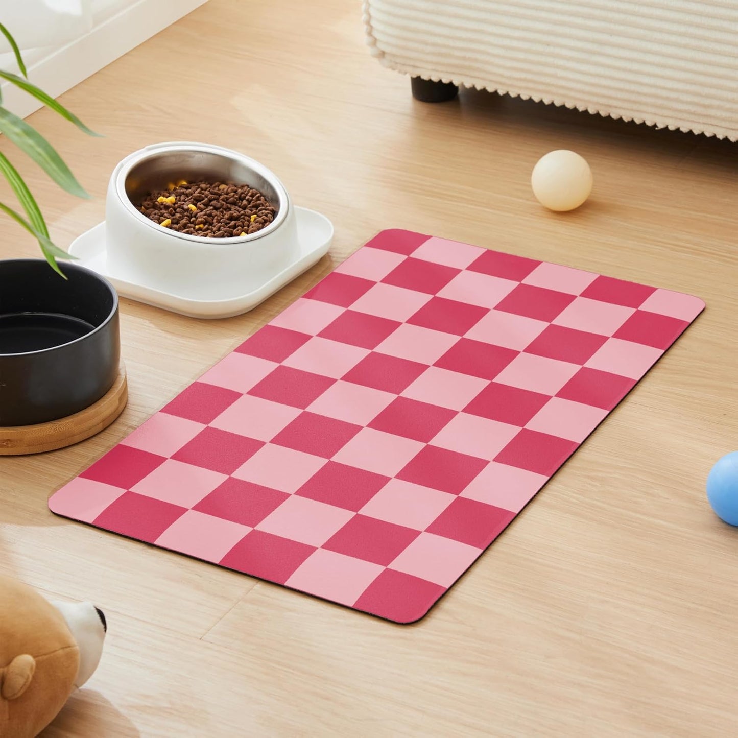 Checkered Dog Feeding Mat, Absorbent Mats for Dog Food and Water Bowl, Dispenser, Retro Aesthetic Khaki Beige Checkerboard Pet Placemat for Dogs, Cats, Puppy Accessories, 12" X 19”