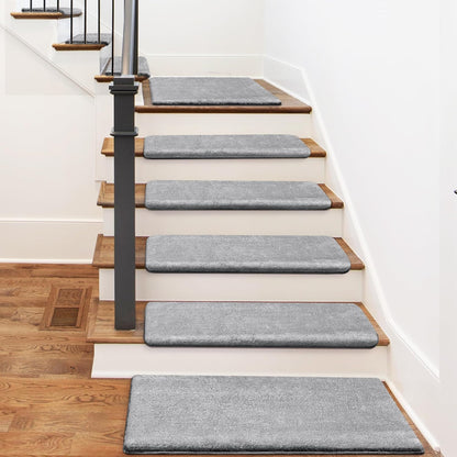 PURE ERA Carpet Stair Treads Ultra Plush 9.5" X 30"Soft Bullnose Indoor Stair Protectors Pet-Friendly Non-Slip Skid Resistant Tape Free Washable Reusable(14 Pieces, Cream Gray)