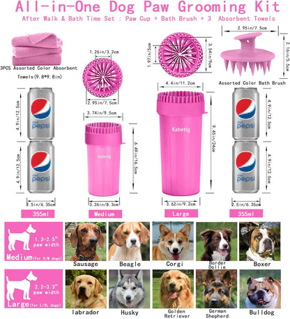 Dog Paw Cleaner Kit for L/XL Dogs - Quick Clean No Full Bath, 2-in-1 Paw Wash Cup with Detachable Silicone Brush Head, Includes Bath Brush & 3 Absorbent Towels, Blue