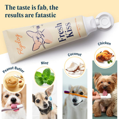 FlyDog Fresh Kiss Dog Tooth Brushing Kit - Vet Approved Formula, Enzymatic Dog Toothpaste and Brush - Breath Freshener & Tartar Remover, 360° Toothbrush & Finger Brush, Dental Guide, Coconut Flavor