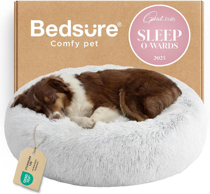 Bedsure Calming Dog Bed Medium Size Dog - Donut Washable Medium Pet Bed, 30 inches Anti-Slip Round Fluffy Plush Faux Fur Cat Bed, Fits up to 45 lbs Pets, Camel