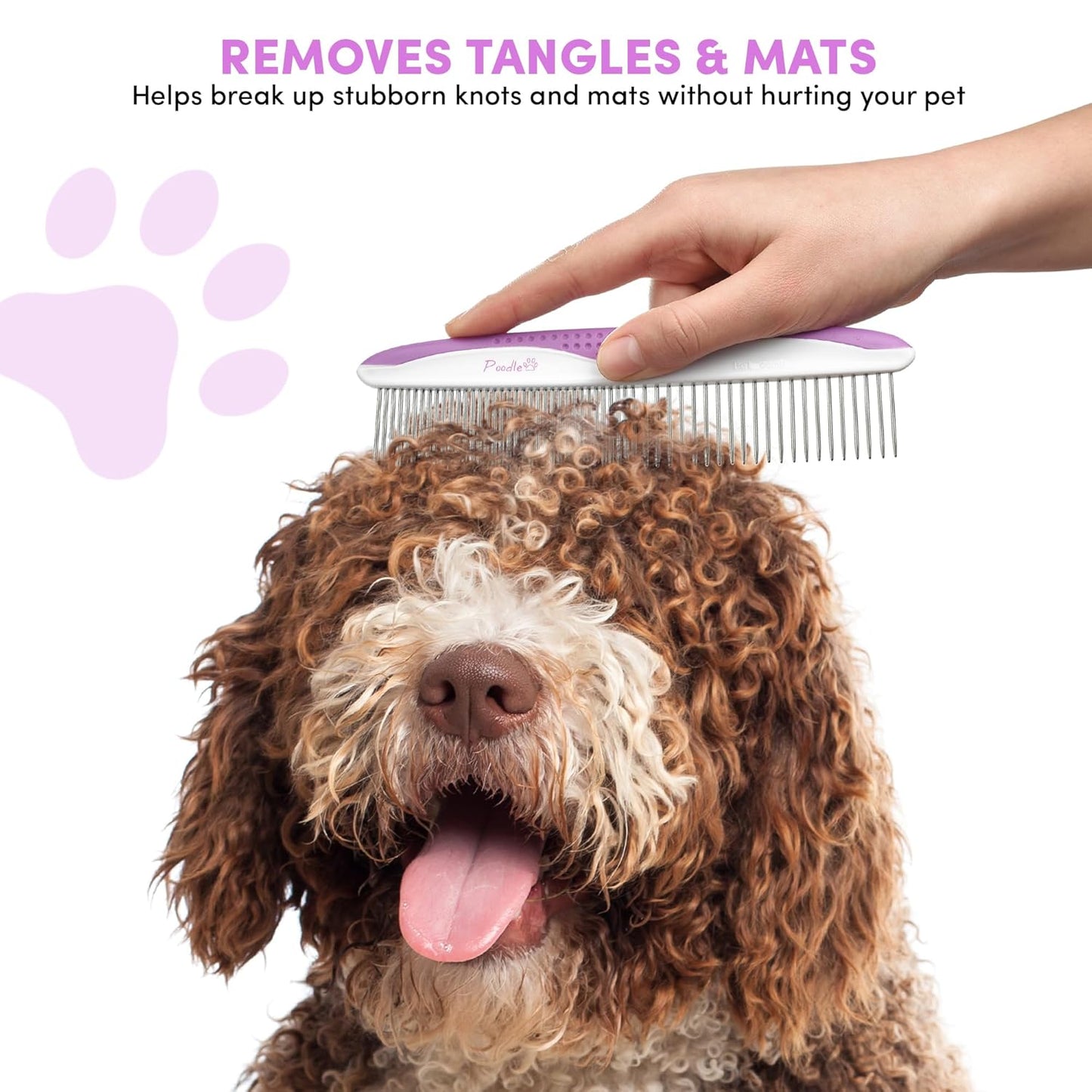 Poodle Pet Dog Combs for Grooming | 2 Pack | Stainless Steel Teeth Easily Remove Dirt | Proper Care Prevents Knots and Mats for Long and Short Haired Pets | Anti-Slip Comfort Grip Handle (Purple)