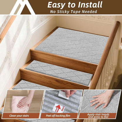 COSY HOMEER Edging Stair Treads Non-Slip Carpet Mat 28inX9in Indoor Stair Runners for Wooden Steps, Edging Stair Rugs for Kids and Dogs, 100% Polyester TPE Backing (7pc, Beige)