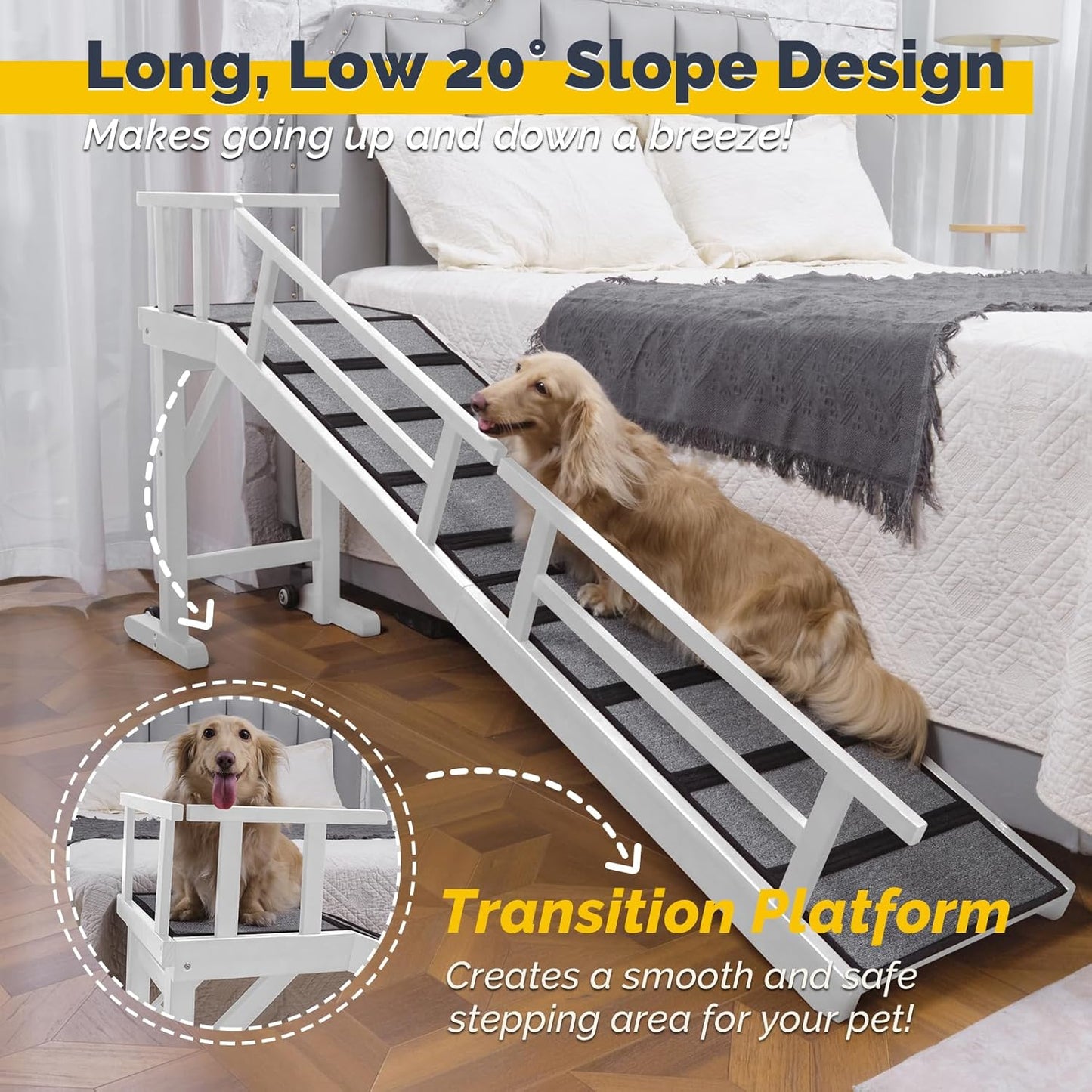 Dog Ramp for Bed or Couch, Wooden Pet Ramp with 20° Gentle Slope, Removable Side Rails, Non-Slip Surface, Top Platform & Wheels, Safe Bed Ramp for Small, Large & Senior Dogs, 60" Long, Mahogany