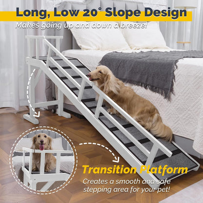 Dog Ramp for Bed or Couch, Wooden Pet Ramp with 20° Gentle Slope, Removable Side Rails, Non-Slip Surface, Top Platform & Wheels, Safe Bed Ramp for Small, Large & Senior Dogs, 60" Long, Mahogany