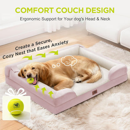 Extra Large Dog Bed, Orthopedic XL Washable Memory Foam Bed for Big Dogs Waterproof Pet Couch Sofa Bolster with Removable Cover, Non-Slip Bottom, Tennis Ball Toy, 42x30
