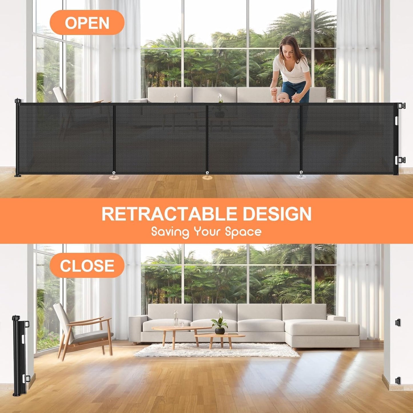 Upgrade 120 inch Retractable Baby Gates, EZIGO Extra Wide Baby Gate for Large Opening Extra Long Mesh Gate for Kids or Pet Dog Gate Child Safety Gate for Stairs Hallways Doorway Indoor Outdoor, Gray