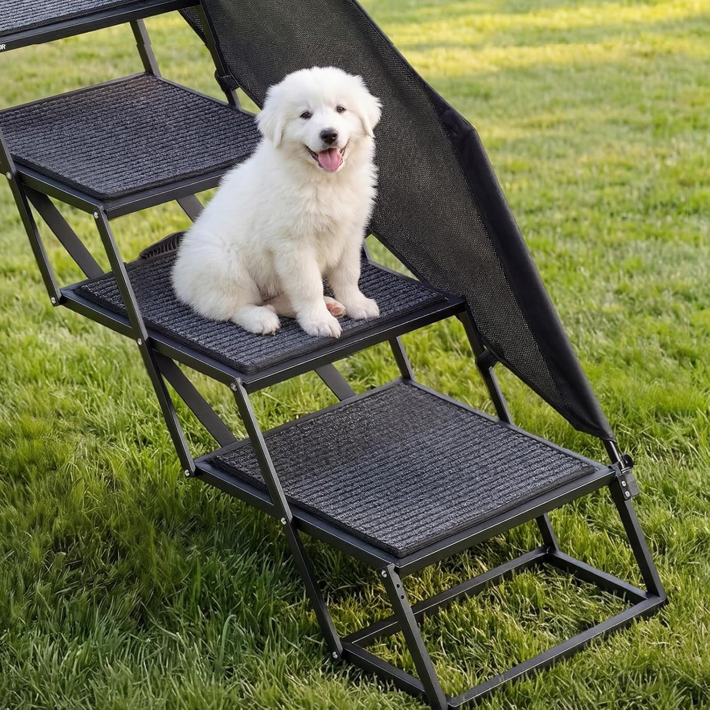 VEVOR Dog Stairs for Car, 4 Steps Extra Wide Foldable Dog Ramp for Large Dogs with Non-Slip Rug Surface, Portable Lightweight Pet Ladder for Car, SUV, Truck, High Beds, Sofas, Support up to 400 lbs