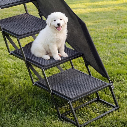 VEVOR Dog Stairs for Car, 4 Steps Extra Wide Foldable Dog Ramp for Large Dogs with Non-Slip Rug Surface, Portable Lightweight Pet Ladder for Car, SUV, Truck, High Beds, Sofas, Support up to 400 lbs