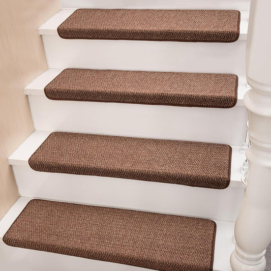 Bullnose Carpet Faux Sisal Stair Treads | Set of 14 | Stair Treads for Wooden Steps Indoor Anti Slip Braided Staircase Protector Pet Friendly Rugs Covers 9.44" X 29.5"x 1.9",Golden