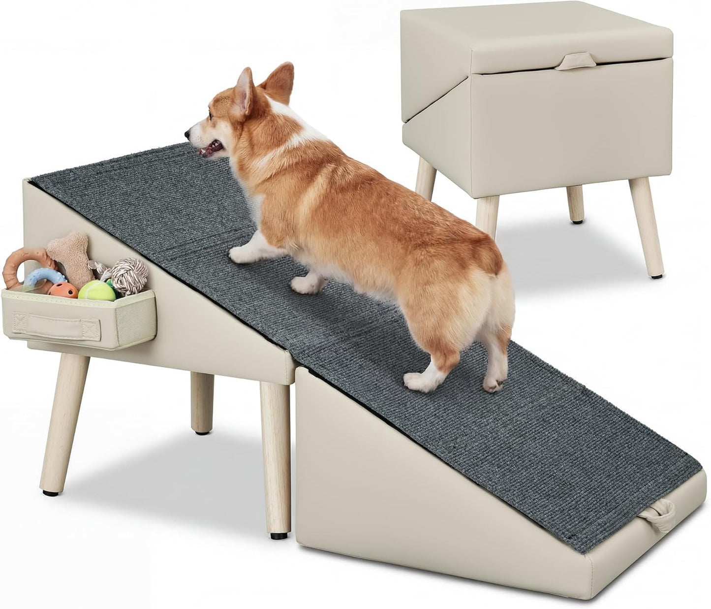 Dog Ramp for Couch and Bed, 17" H Stairs for Small to Medium Dogs and Cats Foldable Steps for Pets to Get on High Bed, Non-Slip Sturdy Ottoman Ramp with Storage Drawer, Brown