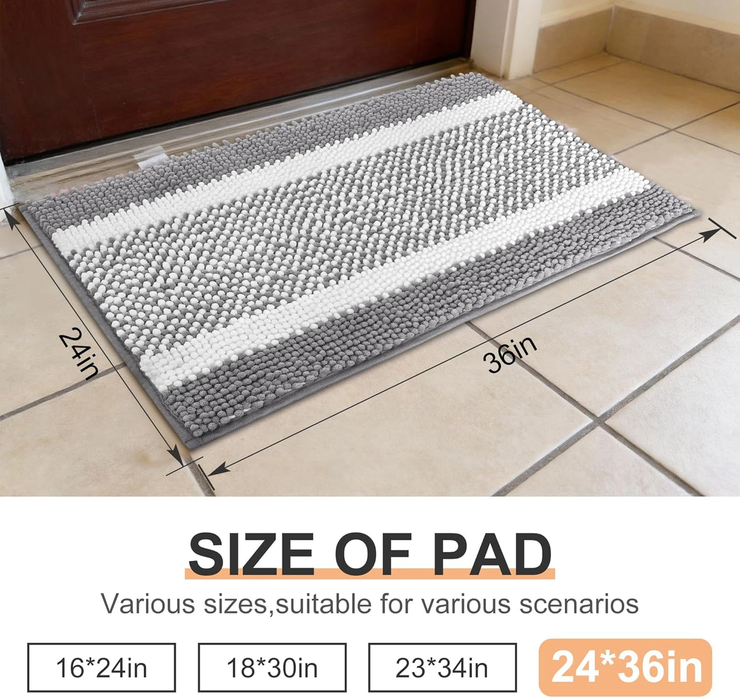 pobopobo Dog Door Mat for Muddy Paws - Absorbent & Washable Chenille Rug, Non-Slip Dirt Trapper for Indoor Outdoor Entryway, Quick Dry Pet Mat for Muddy Dogs (Striped Gray-Blue&White, 24" x 16")